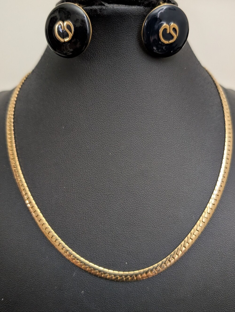 #86. Vintage St.John Enamel & Gold Earrings & Vintage Herringbone Necklace - Picture 2 of 4